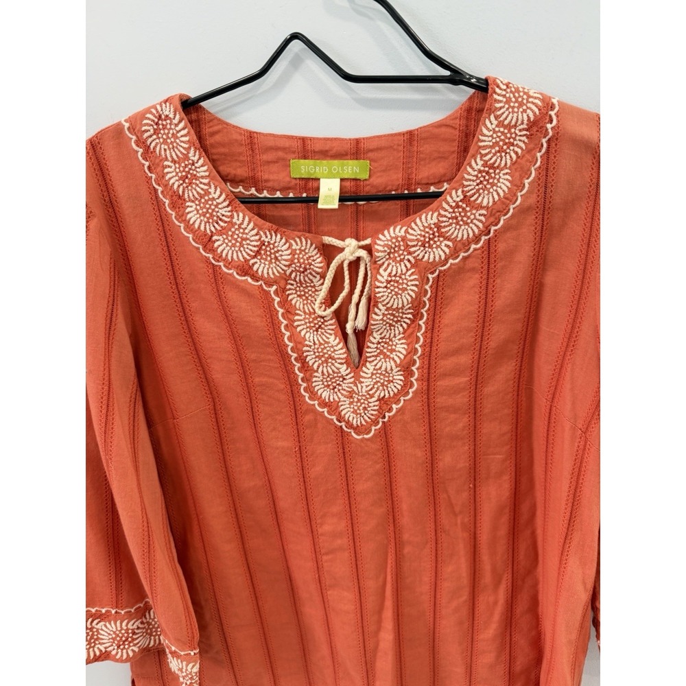 Sigrid Olsen Coral Embroidered Cotton Peasant Boho Top Medium Tunic Tee - Picture 5 of 10